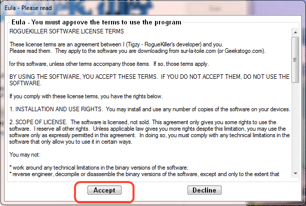 The following EULA will appear, please select accept