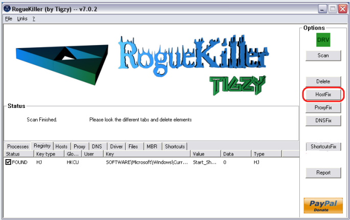 Re-run RogueKiller as before, when the scan is finished select Hostfix from righthand side.