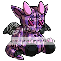 A plushie of a dragon sitting on the ground. It is colored with a purple plaid pattern with pink eyes and horns
